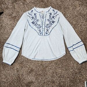 Free People Embroidered White and Blue Women's Top Size Small